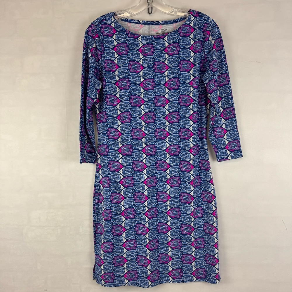 Vineyard Vines Fish Print Stretch Dress Blue Pink XS Long Sleeve Shift
